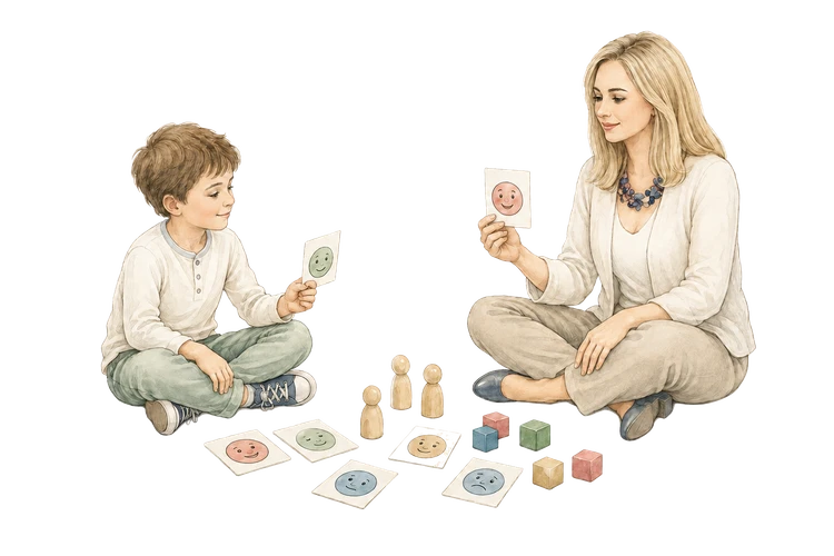 Kisfiú és konzultációt vezető nő a földön ülve játszanak, közöttük színes figurák és kártyák.